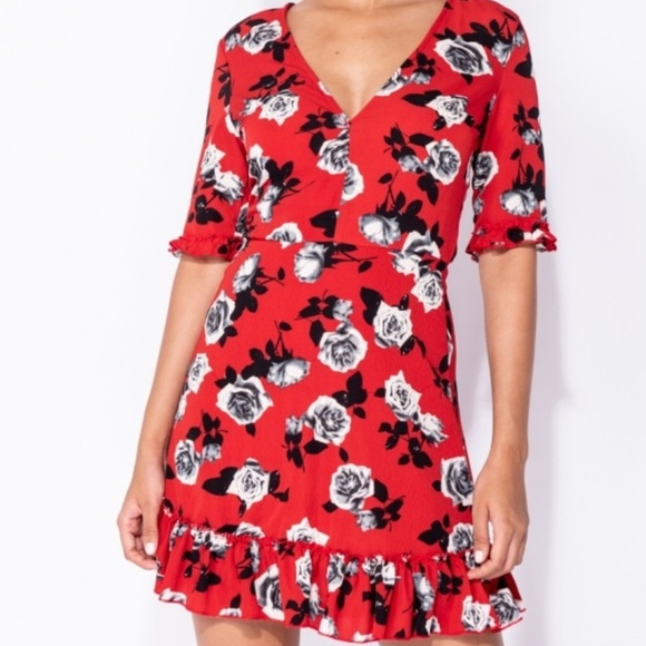 Parisian Dresses & Skirts - Rose Floral Frill Plunge Neck Flared Mini Dress